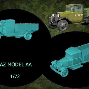 May include: The image presents three model trucks, including a green GAZ Model AA truck and two blue-green models. The text "GAZ MODEL AA" and "1/72" are visible. The trucks have detailed features.