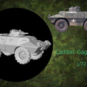 Könnte beinhalten: Ein Bild eines Cadillac Gage V-100 gepanzerten Fahrzeugmodells im Maßstab 1:72. Ein Modell ist ein 3D-Rendering in Grau, das andere ist ein grün-beiges Modell mit dem Text "MILITARY POLICE" und einem weißen Stern.
