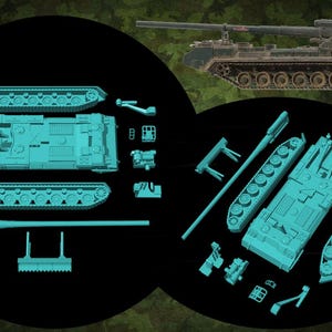 Puede incluir: Imagen de un modelo de tanque, con sus componentes mostrados. El modelo es de color azul claro, con las orugas, la carrocería y el cañón del tanque separados. Un tanque completamente ensamblado se muestra en el fondo.