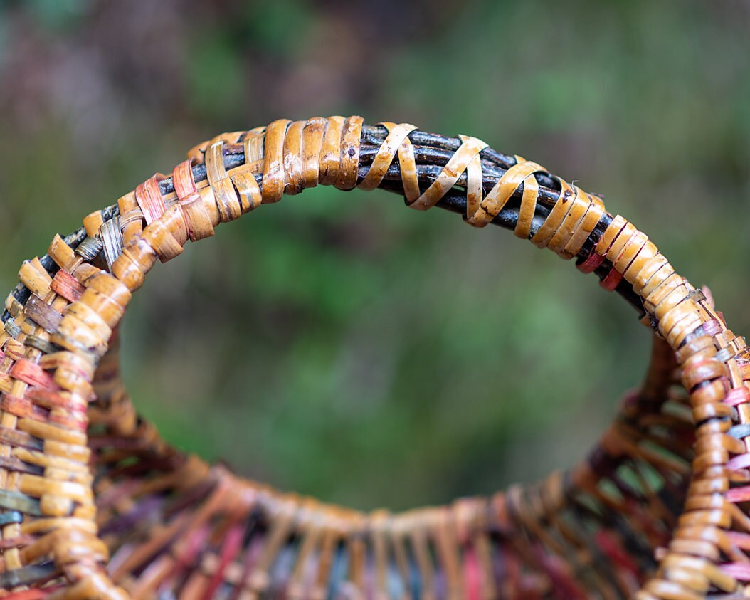 Basket/Large Multi Color Bent Wood Handle Basket / Vintage Etsy