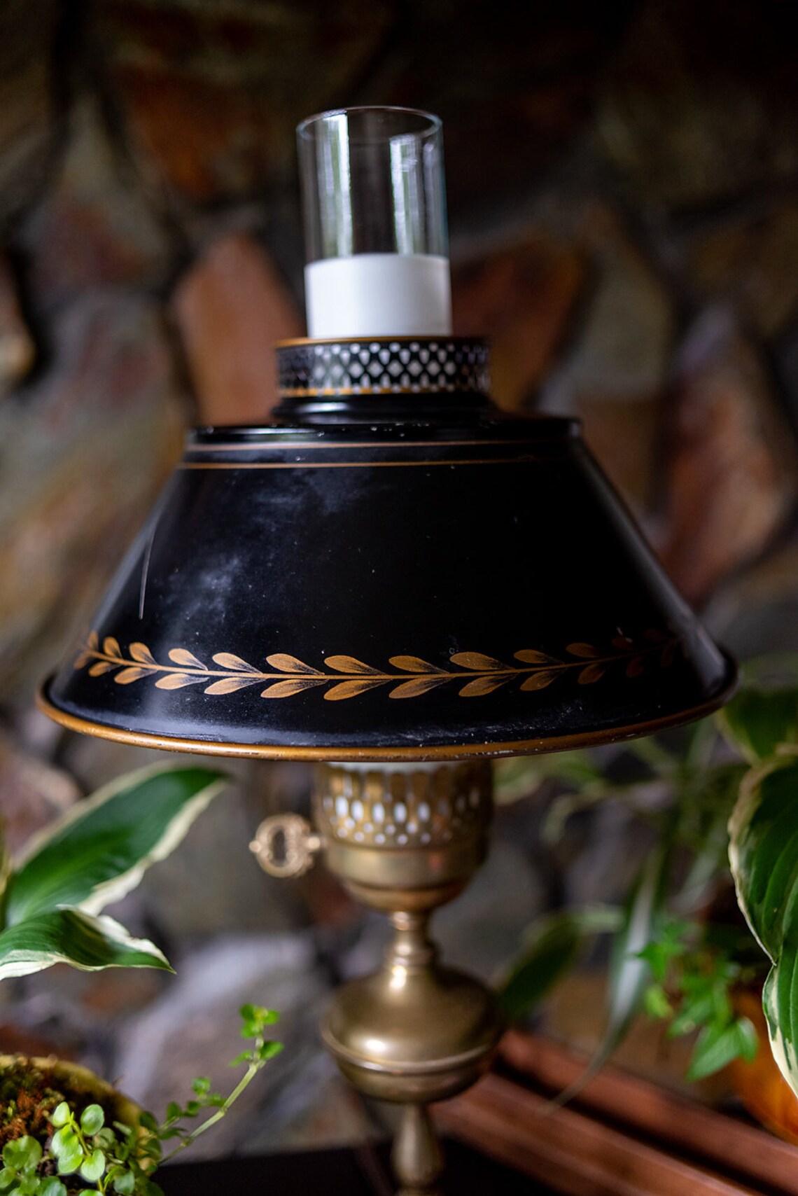 Vintage Hurricane Tole Lamp With Metal Shade/ Brass base Tole Etsy