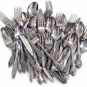 May include: A large collection of silver-toned stainless steel flatware including forks, spoons, and knives. Each piece features a detailed embossed floral pattern on the handle, with polished bowls and tines visible throughout the pile.