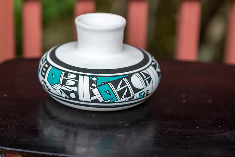 Native American Pottery Vase/ White Black Turquoise Signed Art Etsy