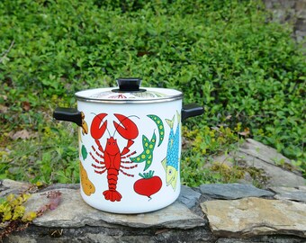 Vintage San Ignacio Nantucket Enamel Lobster and Veggies Steamer Pot/ Vintage Stock Pot Steamer