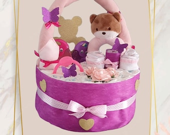 GATEAU DE COUCHES  - Panier Ourson Rose