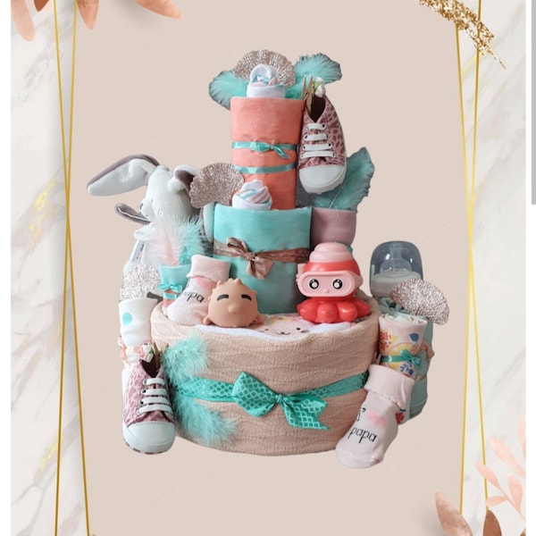 GATEAU DE COUCHES - Lapin Rose et Vert d'eau