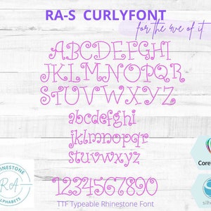 May include: A purple rhinestone font alphabet with uppercase and lowercase letters and numbers. The font is called "RA-S Curlyfont" and is described as "TTF Typeable Rhinestone Font". The image also includes logos for CorelDRAW and Silhouette.