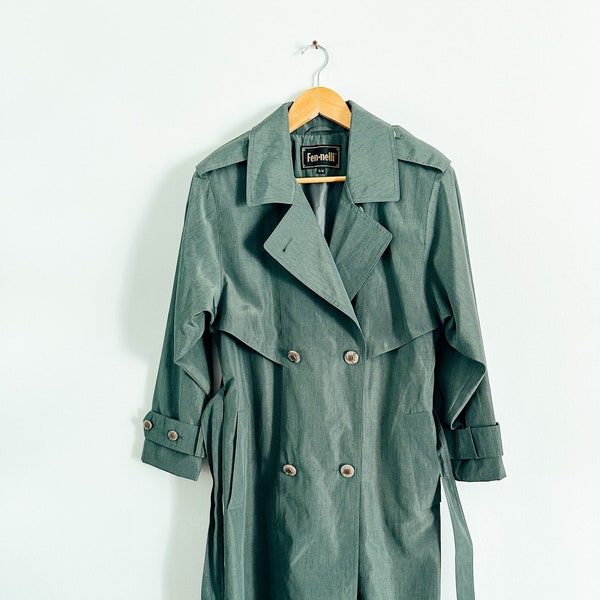 Fen-nelli  Double Breasted Forest Green Trenchcoat with Belt | Vintage Green Trenchcoat | Size : 5/6