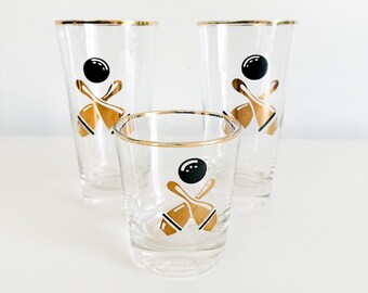 Set of 3 Vintage Bowling Ball Drinking Glasses | Bowling Ball cocktail Glass