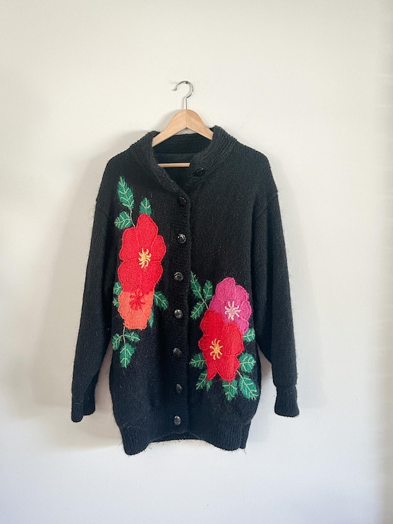 90s Black Mohair Vintage Cardigan With Knitted Flower Detail
