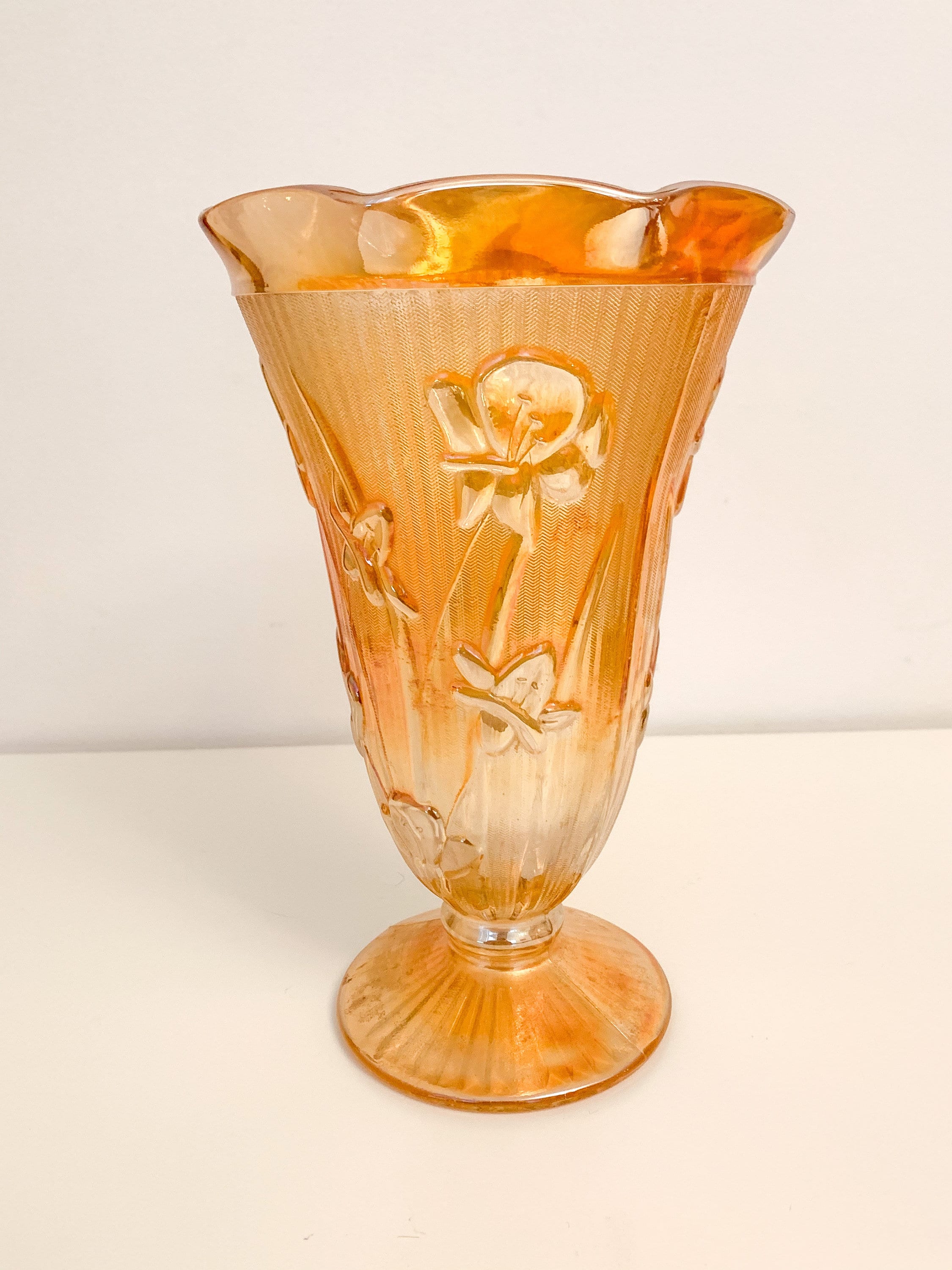Vintage Carnival Glass Vase | Herringbone Jeanette Glass Company