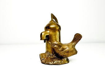 Vintage Bird and Water Piston Brass Decor | Vintage Brass Bird Figurine