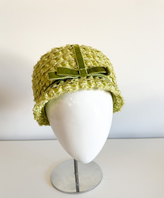 1960s Light Chartreuse Green Straw Pillbox Hat wi… - image 5