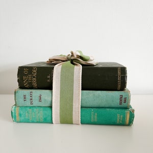 May include: A stack of four vintage hardback books with green and blue covers. The books are tied together with a green and white striped ribbon. The titles of the books are visible: "Anne of the Barricades", "The Massage and Remedial Exercises", "Weight Physiology", and "Prentice Hall".
