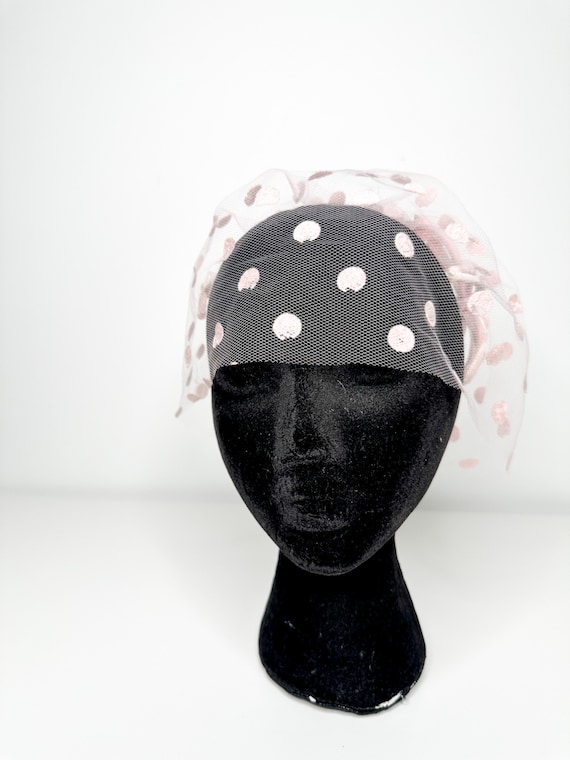 Vintage Hat Fascinator Womens One Size Pink Ruffle Mesh Polka Dot Party 50s Vintage pink fascinator hat - Gem main image 2