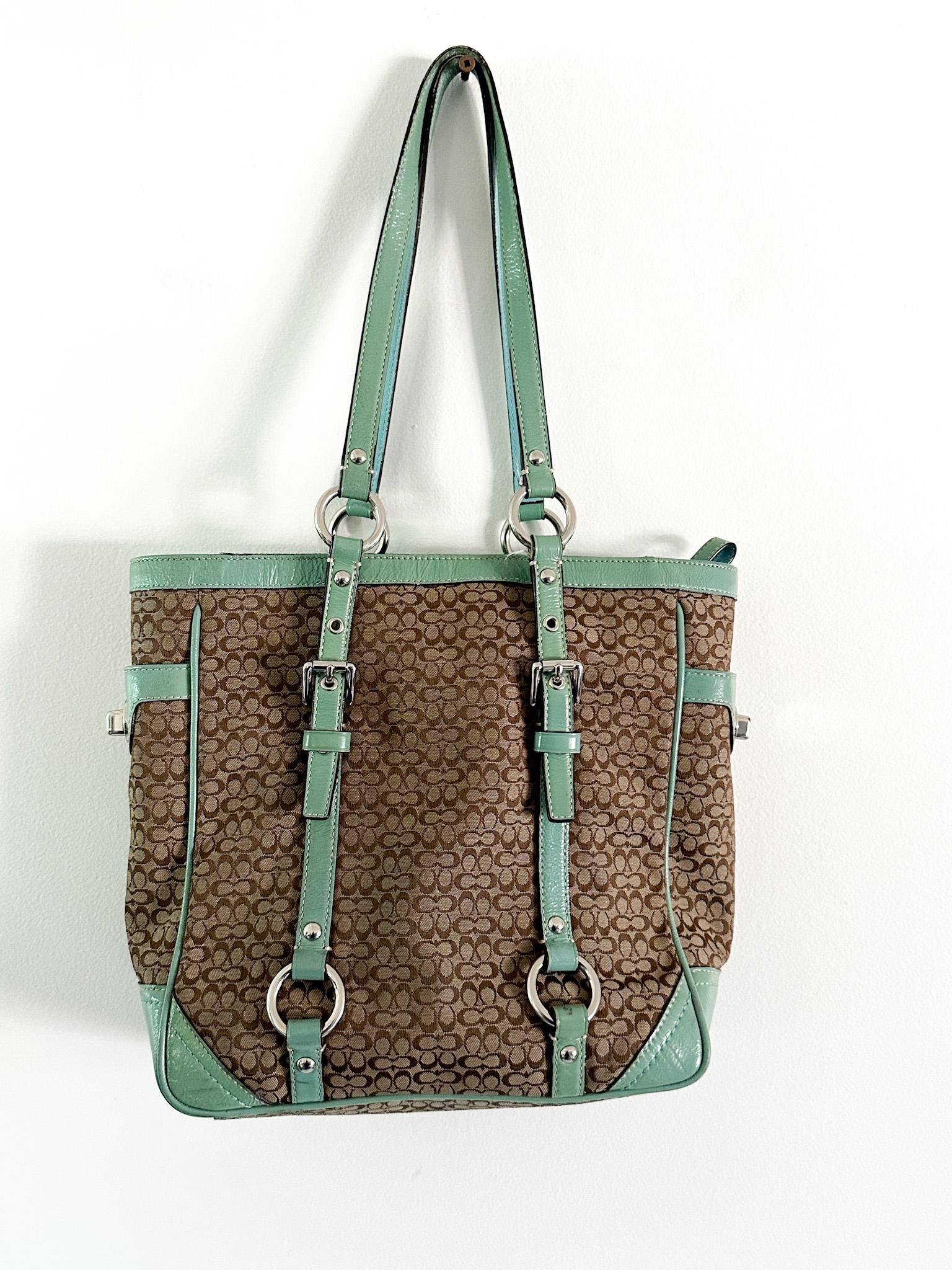COACH Gallery Signature Jacquard Tan With Green and Patent Leather