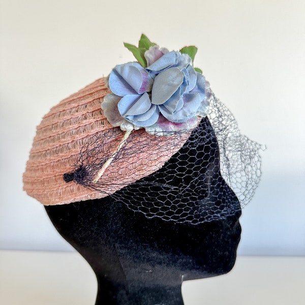 1950s Vintage Pink Straw Fascinator with Blue Floral and Veil Detailing | Vintage Pink Hat| Vintage Garden Party Hat