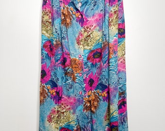 Vintage Floral Printed Skirt Size Large - XTRA Large  | Floral A-Line Skirt | Button Front Skirt