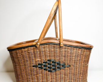 Cesta de picnic vintage / Cesta de picnic con mango de madera vintage /