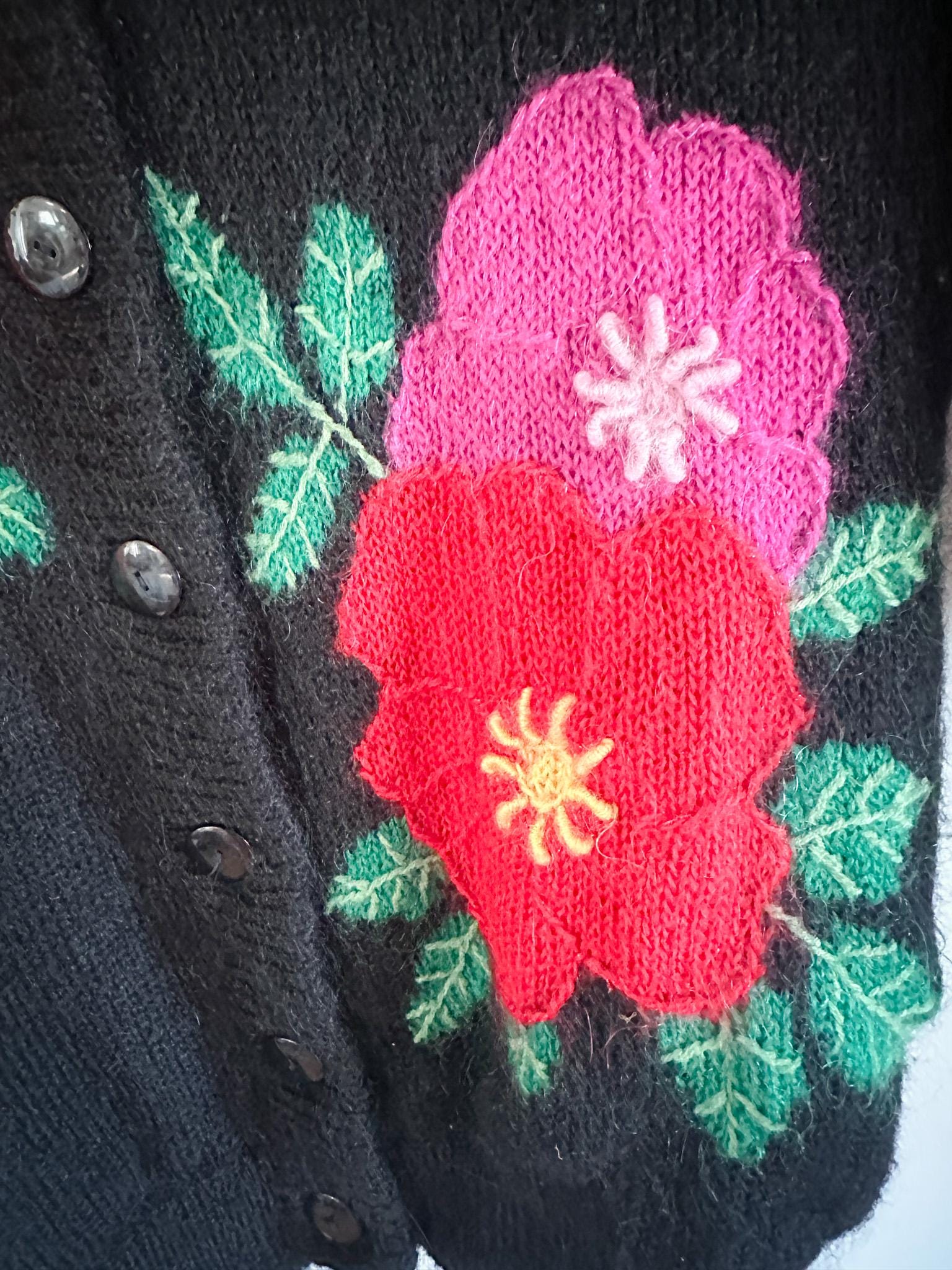90s Black Mohair Vintage Cardigan With Knitted Flower Detail