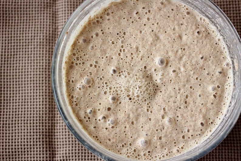May include: A close-up of a glass bowl filled with a light brown, bubbly mixture. The mixture has a grainy texture and is filled with small air bubbles.