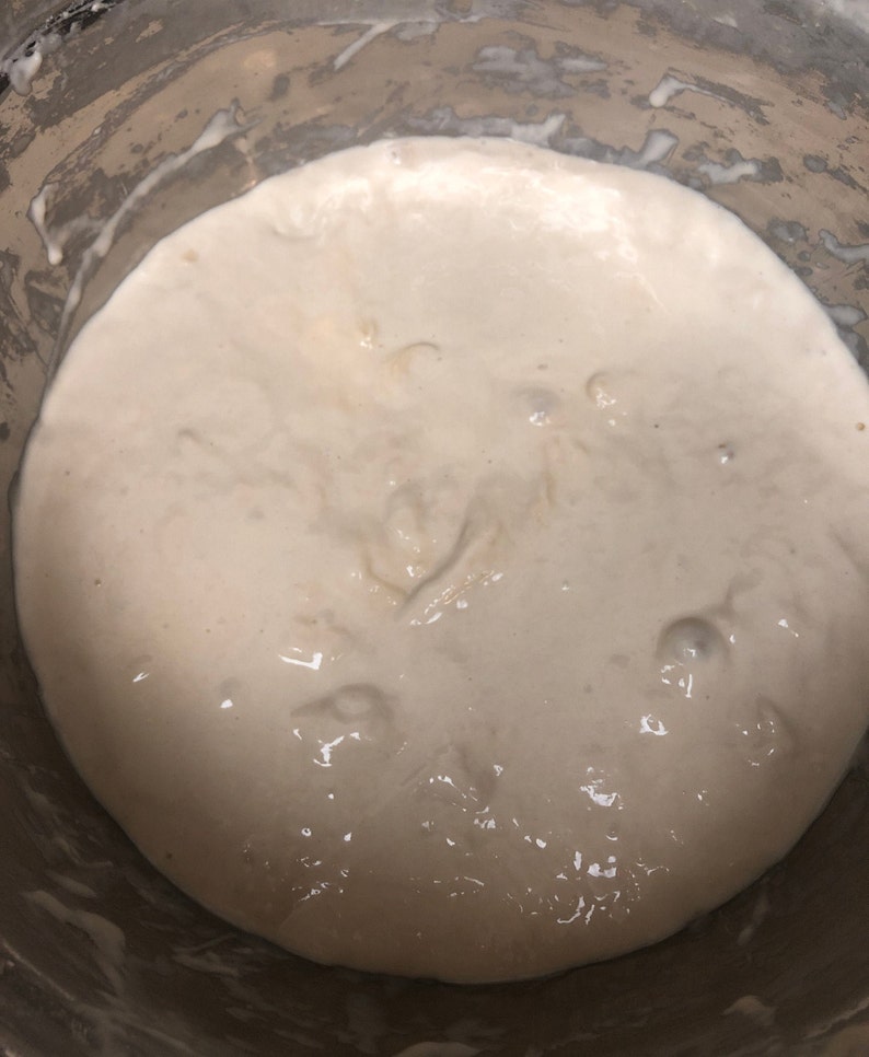 May include: A close-up of a white, bubbly dough mixture in a stainless steel pot.