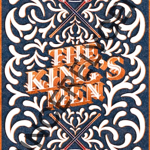 May include: Book cover with a blue background and white floral pattern. The title "The King's Men" is in orange lettering. Two lacrosse sticks are crossed in the top and bottom of the cover. The author's name "Nora Sakavic" is at the bottom of the cover.