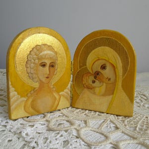 Hand-Painted Virgin Mary Triptych Icon: Gold Leaf, Crackle Varnish, 2005