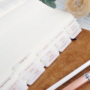 May include: Close-up of a white, leather-bound journal with pink, paper tabs labeled with book titles, including Psalms, Proverbs, Lamentations, Isaiah, Jeremiah, Ezekiel, Daniel, Hosea, Job, Song of Songs, Acts, John, 1 Corinthians, and 2 Corinthians.