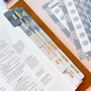 May include: A close-up of a brown leather-bound Bible with grey and gold tabs marking different sections. The tabs are labelled with the names of books of the Bible, including Psalms, Proverbs, Acts, Ezekiel, Lamentations, and more. The Bible is open to Psalm 5, which is highlighted in gold.