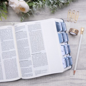 May include: A close-up of an open Bible with blue tabs marking different sections. The tabs are labeled with book names like "John", "Daniel", "Kings", and "Proverbs". The Bible is open to the book of Kings, with text visible on the pages.
