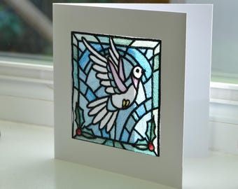 Stained Glass Effect Dove - Intricate Embroidered on Organza - Greetings Card