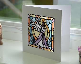 Stained Glass Effect Angel - Intricate Embroidered on Organza - Greetings Card