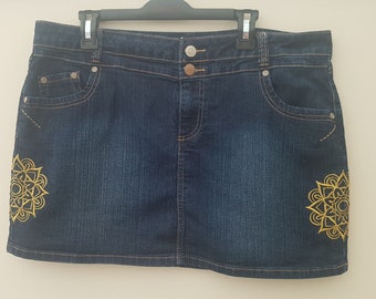 Upcycled Denim Mini Skirt - Mandalas - Size 16