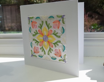 Blooming Square - Intricate Embroidered on Felt- Greetings Card