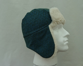 Tweed Trapper / Ushanka Hat in Teal and Olive Diamond Herringbone