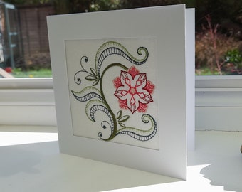 Vintage Style Jacobean Flower - Intricate Embroidered on Felt- Greetings Card