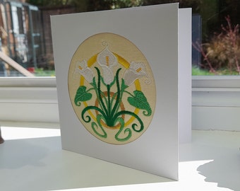 Art Deco Calla Lilly - Intricate Embroidered on Felt- Greetings Card