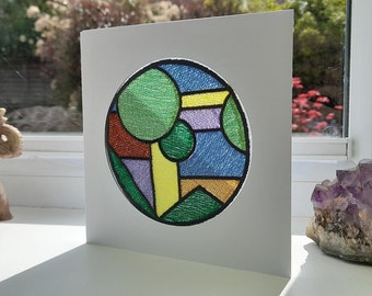 Stained Glass Effect Arts & Crafts Trees - Intricate Embroidered on Organza - Greetings Card