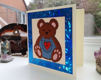 Happy Hug Bear - Intricate Embroidered on Felt - Greetings Card