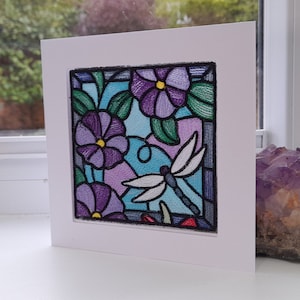 Pétunias effet vitrail - Broderie complexe sur organza - Carte de voeux
