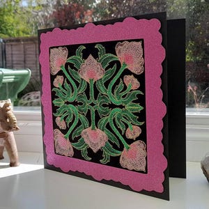 Art déco floral rose - broderies complexes sur feutre - carte de voeux