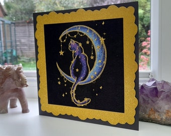 Luna Cat - Moon Cat 8 inch - Intricate Embroidered on Felt - Greetings Card