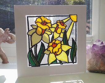 Stained Glass Effect Daffodil Sunshine - Intricate Embroidered on Organza - Greetings Card