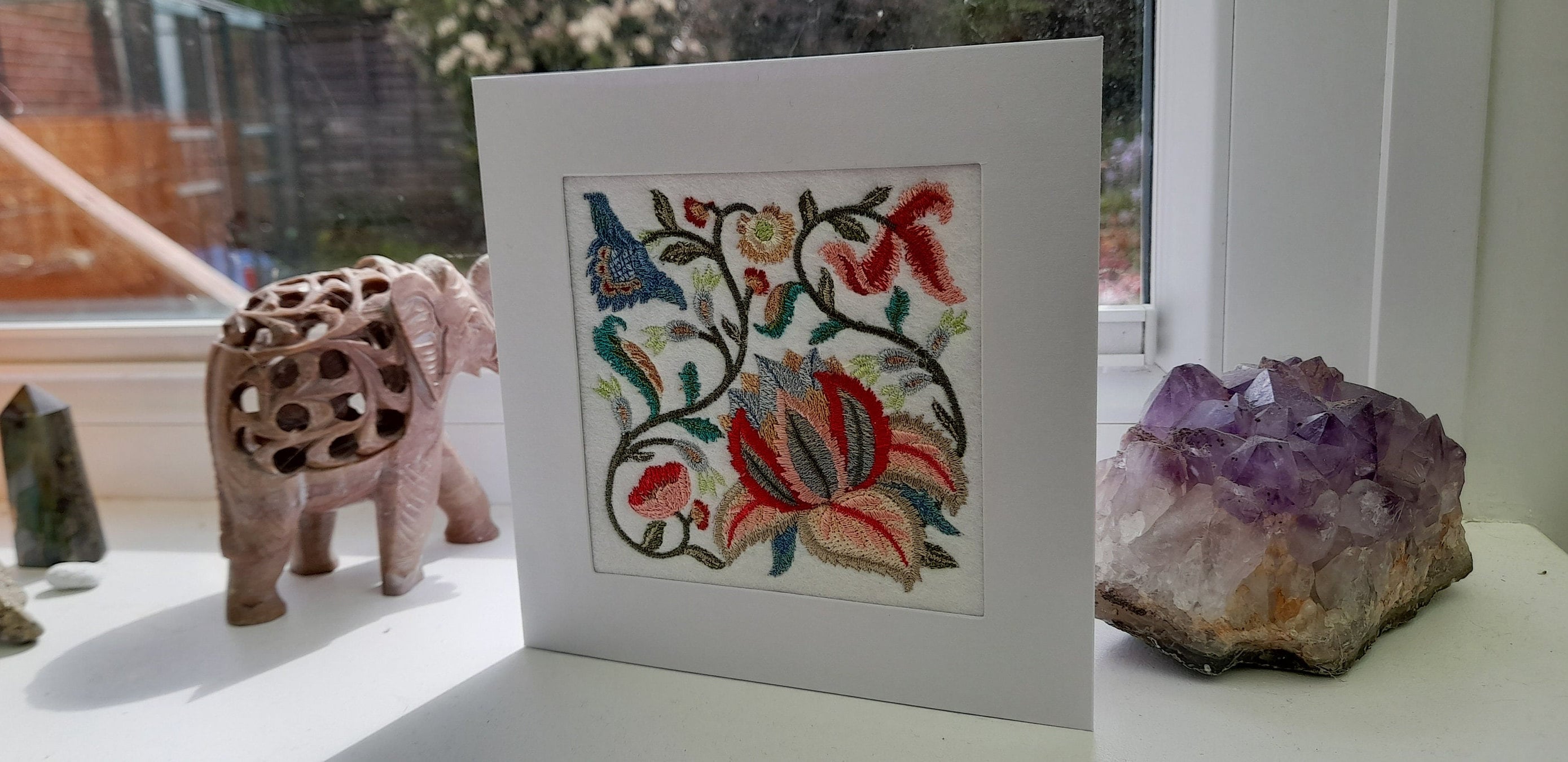 Jacobean Flower - Intricate Embroidered on Felt- Greetings Card