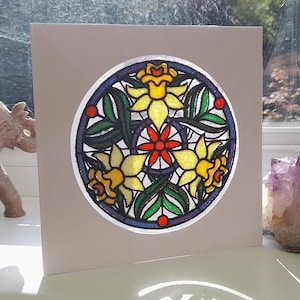 Stained Glass Effect Narzissen - Aufwändig bestickt auf Organza - Grußkarte