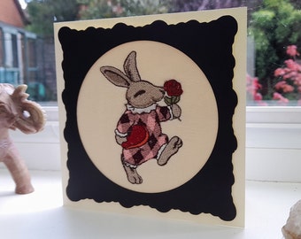Love Bunny Valentine Card - Intricate Embroidered on Felt - Greetings Card