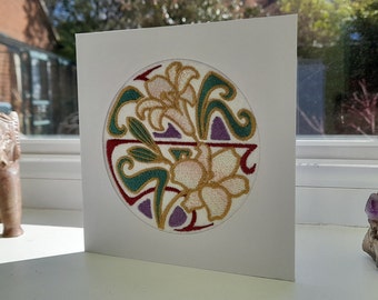 Arts & Crafts Lillies - Intricate Embroidered on Felt- Greetings Card