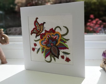 Jacobean Flower & Butterfly - Intricate Embroidered on Felt- Greetings Card