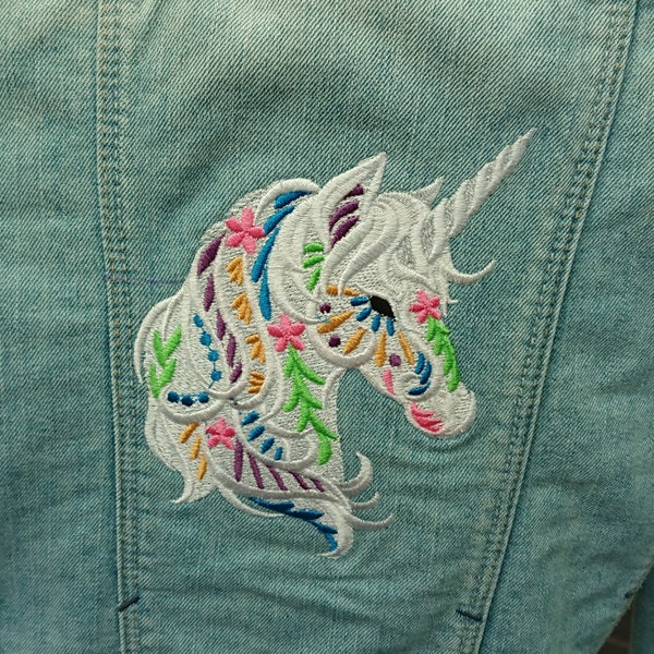 Upcycled Denim Jacket with Colourful Unicorn Embriodery